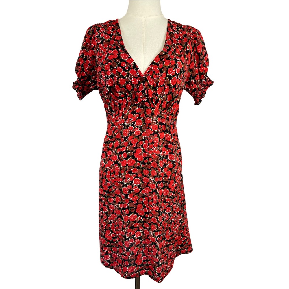Faithfull The Brand Floral V-Neck Mini Dress XS Red Rose Cottagecore Romantic